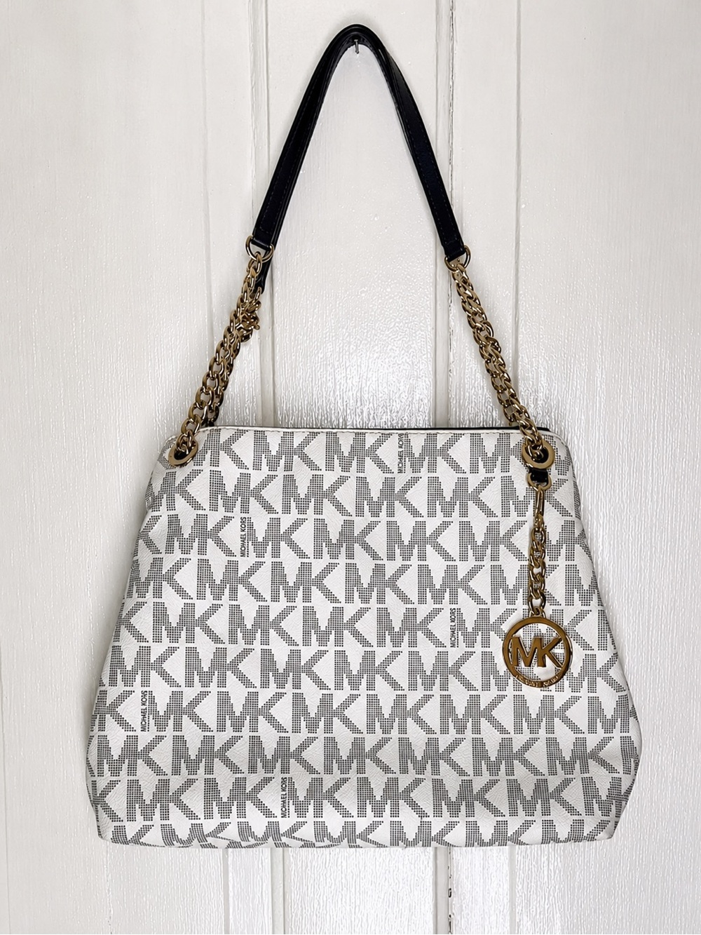 Michael Kors Jet Set Large MK Logo - “Vanilla” Signature Gold Chain Shoulder Bag